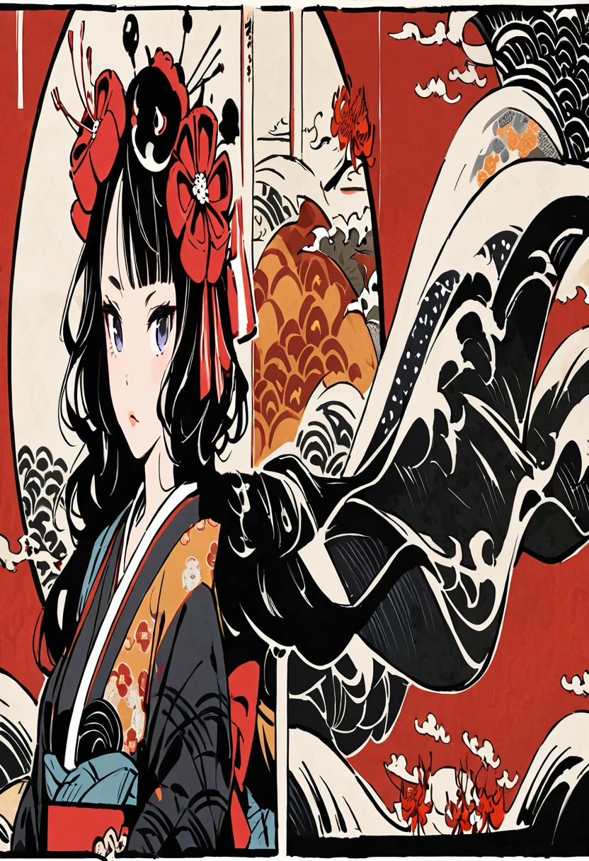 Highest quality, ((reading a book)),Reading a book,Katsushika Hokusai, Ink Painting, (((Long Hair))), (((Light black kimono))), (((Big red ribbon on head))), Red Higanbana, beautiful girl, Black Hair, Delicate and precise, Modern ukiyo-e style,