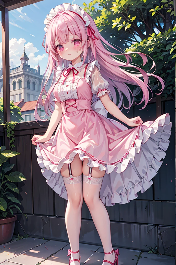 Highest quality、Shiny silk short sleeve puff sleeve pink maid outfit、See-through、Very short skirt、Fluffy red ribbon、A short white ruffled apron、White garter belt with ribbon、Pink high heels with ribbon、Large headband with ribbon、Flushed Cheeks、Embarrassed look、panic、Soaking wet、Strong winds、Overreaching、Facing forward、Looking up from below
