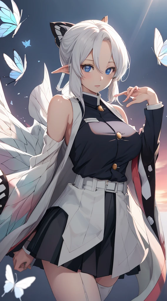 Kochou Shinobu, 1girl elf,masterpiece, white hair,sleeveless, blue eyes, black jacket,black skirt,uniform, white haori, , multiple butterflies, , laked sunset, lens flare, perfect lighting, highest quality, hands behind, thick thighs, large breasts, highest quality, high resolution.