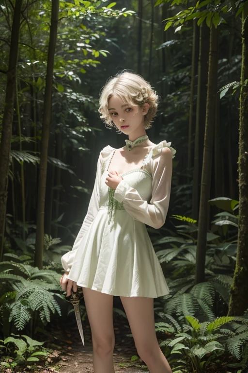 15 year old girl, , slim, flat chest, short white hair, extremely curly, perfect face, short dress, green color, Victorian, long sleeve, to the neck, showing her legs, holds a short sword with both hands. In a forest, at night.