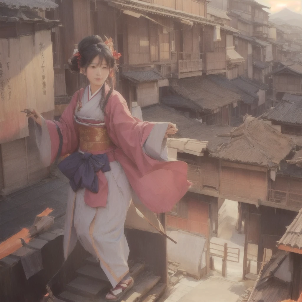 Anime girl in a red and blue dress standing on a roof, The ancient street behind her, Beautiful anime artwork, Anime Style 4k, Traditional Japanese concept art, Gwaiz, Beautiful anime art, Artistic rendering of Reimu Hakurei, artwork in the style of Gwaiz, by Shimo, Anime Background Art, Beautiful artwork illustration Blazing flames, fire, crowd, throng, freezing, mother warming her baby.Scenery and Cityscape in the Early Meiji Era After the Meiji Restoration, Japan underwent rapid modernization and civilization. Consequently, many changes and reforms occurred. Below is a detailed explanation of the scenery, appearance of the poor, occupations, and cityscapes in the early Meiji period (1868 to the early 1880s). 2. Appearance of the Poor Life for the impoverished and lower classes remained harsh. In particular, in urban areas, people migrated from rural areas or unemployed artisans gathered, intensifying competition in the labor market. Many of them struggled with poverty, often residing in slums or around temples. 3. Occupations Meiji early Japan witnessed a diversification of occupations. Traditional agriculture and handicrafts were accompanied by the rise of modern industry and commerce. Particularly in urban areas, factory workers, shop clerks, and transporters increased, giving rise to new professions. However, many in these occupations endured harsh working conditions. 4. Influence of Civilization and Enlightenment During the Meiji era, Western cultural influences spread rapidly. Changes in clothing, dietary habits, and the proliferation of Western-style architecture advanced, especially in urban areas. Conversely, this development posed a threat to traditional culture and lifestyles, resulting in societal upheaval and adaptation challenges. 5. Social Change and Policy Influence While promoting modernization policies, the government also addressed poverty and social issues. Legislation for labor protection and charitable activities to aid the poor were implemented. Nevertheless, living conditions for the impoverished scarcely improved. The early Meiji period marked a rapid transformation in Jap