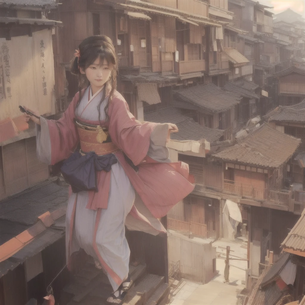 Anime girl in a red and blue dress standing on a roof, The ancient street behind her, Beautiful anime artwork, Anime Style 4k, Traditional Japanese concept art, Gwaiz, Beautiful anime art, Artistic rendering of Reimu Hakurei, artwork in the style of Gwaiz, by Shimo, Anime Background Art, Beautiful artwork illustration Blazing flames, fire, crowd, throng, freezing, mother warming her baby.Scenery and Cityscape in the Early Meiji Era After the Meiji Restoration, Japan underwent rapid modernization and civilization. Consequently, many changes and reforms occurred. Below is a detailed explanation of the scenery, appearance of the poor, occupations, and cityscapes in the early Meiji period (1868 to the early 1880s). 2. Appearance of the Poor Life for the impoverished and lower classes remained harsh. In particular, in urban areas, people migrated from rural areas or unemployed artisans gathered, intensifying competition in the labor market. Many of them struggled with poverty, often residing in slums or around temples. 3. Occupations Meiji early Japan witnessed a diversification of occupations. Traditional agriculture and handicrafts were accompanied by the rise of modern industry and commerce. Particularly in urban areas, factory workers, shop clerks, and transporters increased, giving rise to new professions. However, many in these occupations endured harsh working conditions. 4. Influence of Civilization and Enlightenment During the Meiji era, Western cultural influences spread rapidly. Changes in clothing, dietary habits, and the proliferation of Western-style architecture advanced, especially in urban areas. Conversely, this development posed a threat to traditional culture and lifestyles, resulting in societal upheaval and adaptation challenges. 5. Social Change and Policy Influence While promoting modernization policies, the government also addressed poverty and social issues. Legislation for labor protection and charitable activities to aid the poor were implemented. Nevertheless, living conditions for the impoverished scarcely improved. The early Meiji period marked a rapid transformation in Jap