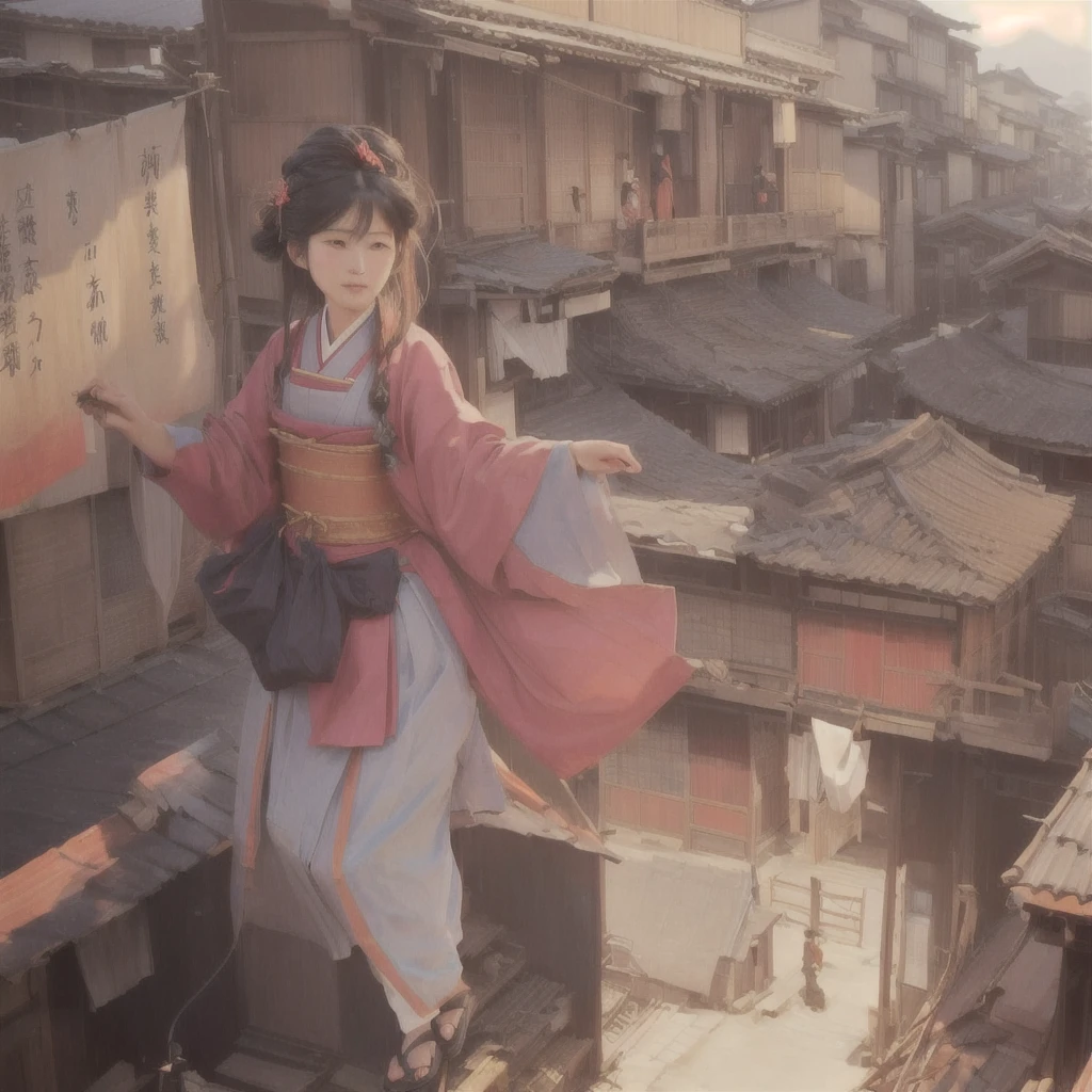 Anime girl in a red and blue dress standing on a roof, The ancient street behind her, Beautiful anime artwork, Anime Style 4k, Traditional Japanese concept art, Gwaiz, Beautiful anime art, Artistic rendering of Reimu Hakurei, artwork in the style of Gwaiz, by Shimo, Anime Background Art, Beautiful artwork illustration Blazing flames, fire, crowd, throng, freezing, mother warming her baby.Scenery and Cityscape in the Early Meiji Era After the Meiji Restoration, Japan underwent rapid modernization and civilization. Consequently, many changes and reforms occurred. Below is a detailed explanation of the scenery, appearance of the poor, occupations, and cityscapes in the early Meiji period (1868 to the early 1880s). 2. Appearance of the Poor Life for the impoverished and lower classes remained harsh. In particular, in urban areas, people migrated from rural areas or unemployed artisans gathered, intensifying competition in the labor market. Many of them struggled with poverty, often residing in slums or around temples. 3. Occupations Meiji early Japan witnessed a diversification of occupations. Traditional agriculture and handicrafts were accompanied by the rise of modern industry and commerce. Particularly in urban areas, factory workers, shop clerks, and transporters increased, giving rise to new professions. However, many in these occupations endured harsh working conditions. 4. Influence of Civilization and Enlightenment During the Meiji era, Western cultural influences spread rapidly. Changes in clothing, dietary habits, and the proliferation of Western-style architecture advanced, especially in urban areas. Conversely, this development posed a threat to traditional culture and lifestyles, resulting in societal upheaval and adaptation challenges. 5. Social Change and Policy Influence While promoting modernization policies, the government also addressed poverty and social issues. Legislation for labor protection and charitable activities to aid the poor were implemented. Nevertheless, living conditions for the impoverished scarcely improved. The early Meiji period marked a rapid transformation in Jap