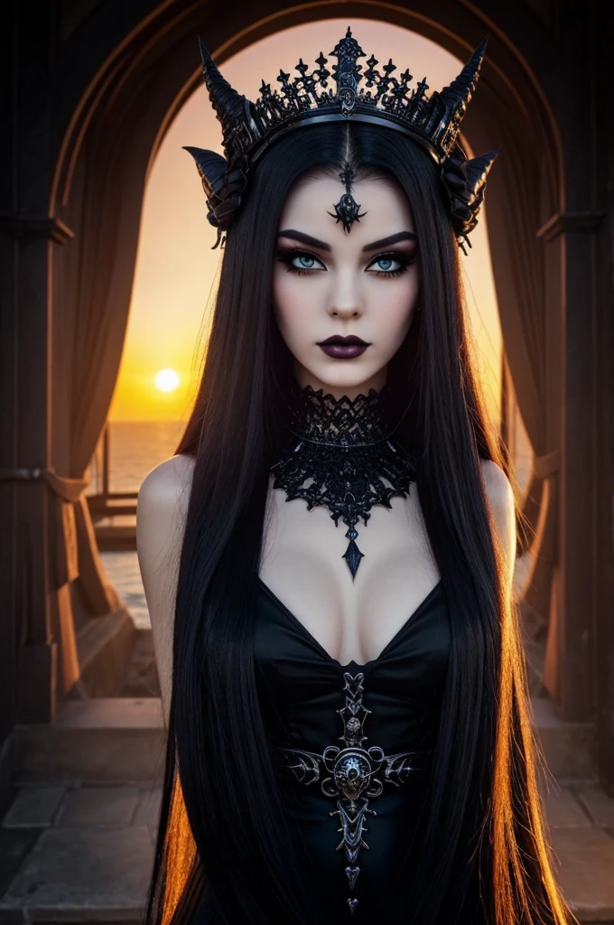 ((best quality)), ((masterpiece)), (detailed), perfect face Beauty mistery gothic dark bad bitch sunrise malefic manga demon queen crown