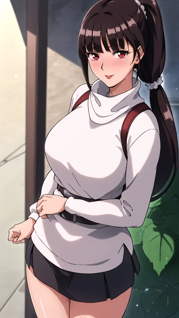 white turtleneck, black pencil shirt,black short skirt, belt,hair ornament, hair scrunchie,low ponytail, long hair, bangs, brunette, black hair, blunt bangs, red eyes, alone, 1 girl,Young female, 18 years old, very cute, smile, Beautiful Finger,Beautiful long legs,Beautiful body,Beautiful Nose,Beautiful character design, perfect eyes, perfect face,expressive eyes, looking at viewer, in the center of the image,(light smile:0.5), official art, outdoor, portrait, perfect lighting,Colorful, Bright_Front_face_Lighting,shiny skin, (masterpiece:1.0),(best quality:1.0), ultra high res,4K,ultra-detailed, photography, 8K, HDR, highres, absurdres:1.2, Kodak portra 400, film grain, blurry background, bokeh:1.2, lens flare, (vibrant_color:1.2), (beautiful face), (curvy body, ashamed, blushing), glossy lip rouge, glossy crimson rouge, jealousy, SFW, seductive, charming,(attractive,enchanting,fascinating,captivating,bewitching,enthralling,entrancing,attractive,gripping,engrossing)