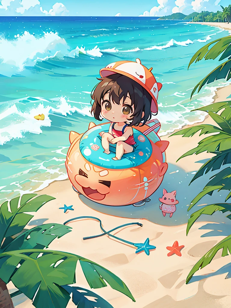 hayao miyazaki style, Kawaii Design, The most beautiful girl of all time、chibi, (((Swimwear))), Beach, Playing in the sand