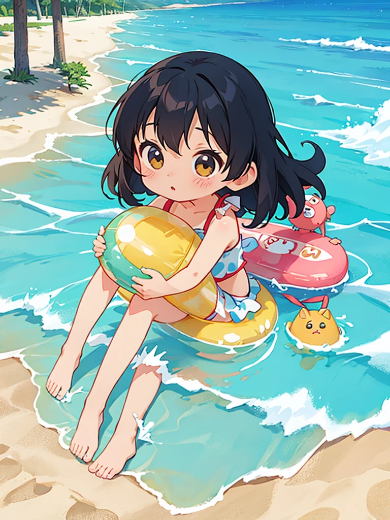 hayao miyazaki style, Kawaii Design, The most beautiful girl of all time、chibi, (((Swimwear))), Beach, Playing in the sand