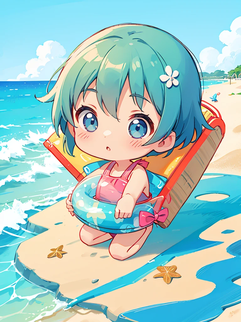 hayao miyazaki style, Kawaii Design, The most beautiful girl of all time、chibi, (((Swimwear))), Beach, Playing in the sand