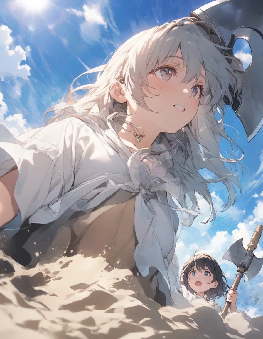 girl buried in sand up to her neck, girl with axe, view from below . Two girls. Looking up. Sandy beaches, sunshine, blue skies,
