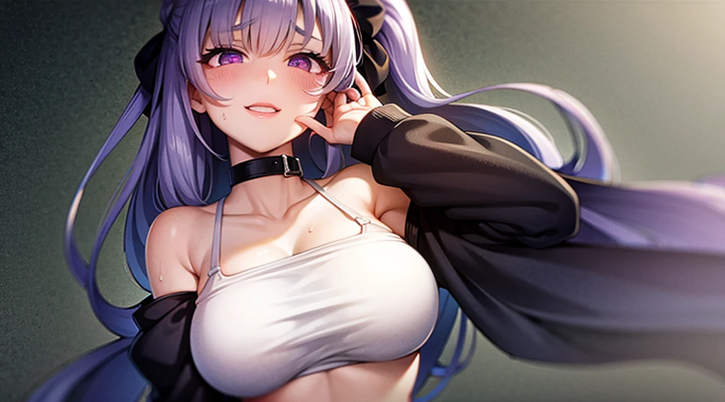 1girl,heart-shaped pupils,fingernails,hands on own face,white hair,purple eyes,(blush:1.1),choker,upper body,trembling,sweat,sweatdrop,heart,(speed lines:1.1),medium breasts, ((heavy breathing:1.3)), love, heart, crop top, happy, smile