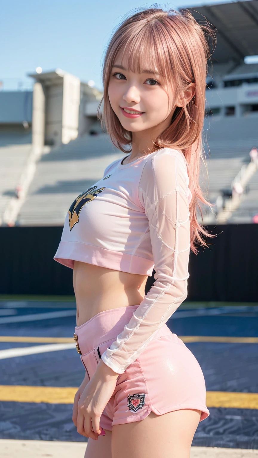"masterpiece, ultra high res, (photorealistic:1.4), 8k, RAW photo, best quality, ultra detailed, detailed shadow, sharp focus, bloom, (standing naturally:1.5), (cowboy shot:1.3), (front view:1.5), (detailed and structured patterns:1.5), (looking at viewer:1.2), BREAK 1girl, (small breast:1.5), (round face:1.5), (light pink hair:1.6), (long hair:1.3), (wavy hair:1), (bangs:1.5), (fair skin:1.5), (transparent skin:1.5), (narrow weist:1.8), wide forehead, (skinny:1.2), ((towering:1.8)), (towering:1.5), (18 years old:1.5), (detailed and structured patterns:1.5),
((purple)cheerleade:1.3), (very tight Long-sleeved top with a distinctive back design:1.3), (Low-waisted shorts with side switches-cheerleade:1.3), (gold, black, cheerleade latex:1.4), (Power net on the stomach area-cheerleade uniform:1.3), (outdoor stadium:1.4), (smile:1.5)
