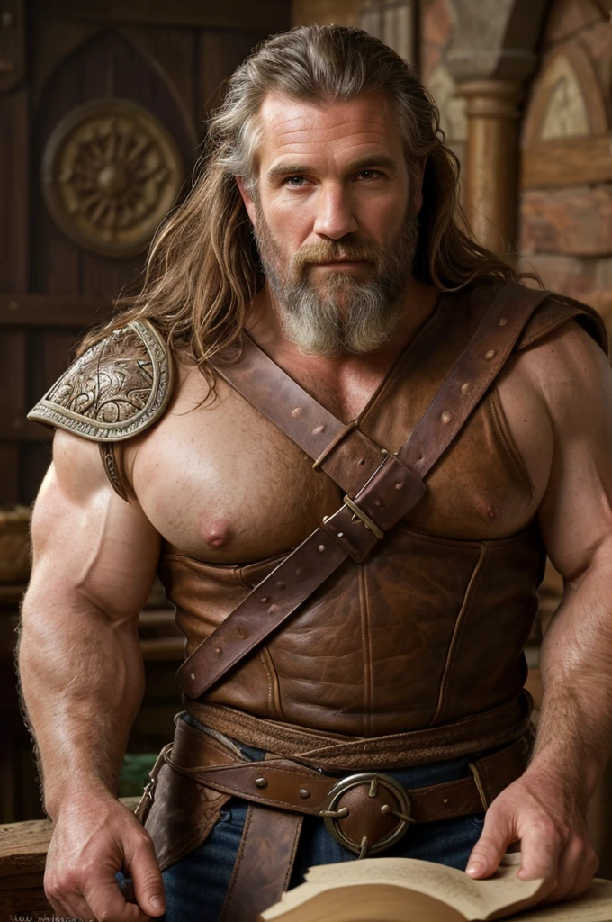 portrait of a ruggedly handsome paladin, soft hair, muscular, half body, masculine, mature, salt and pepper hair, leather, hairy, d & d, fantasy, intricate, elegant, highly detailed, digital painting, artstation, concept art, smooth, sharp focus, illustration, art by artgerm and greg rutkowski and alphonse mucha