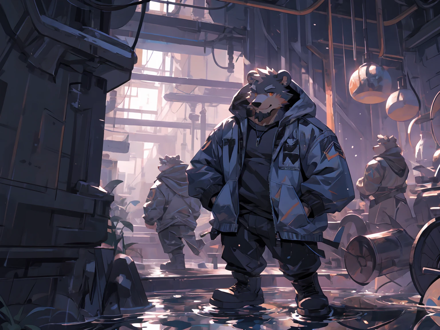 (masterpiece:1.2), best quality,pixiv,official art,perfect anatomy, (Ray tracing, light),solo, (1_male:1.3) , (muscle), (grey fur:1.4), (muscle bear), (beard:1.2), (gleaming golden eyes), bear tail, full body, Thick black eyebrows, (open short hoodie), (naked inside),Ripped short jeans, black short boots, (on the water surface:1.3), (Salar de Uyuni:1.3), Reflection, reflect sky, wide ,cloudy
