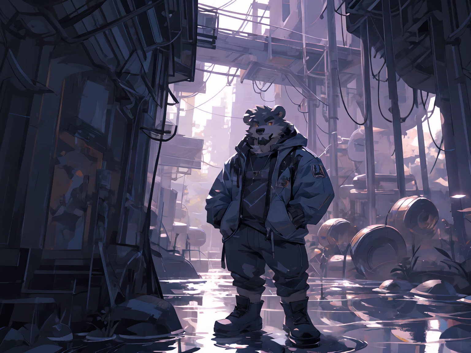 (masterpiece:1.2), best quality,pixiv,official art,perfect anatomy, (Ray tracing, light),solo, (1_male:1.3) , (muscle), (grey fur:1.4), (muscle bear), (beard:1.2), (gleaming golden eyes), bear tail, full body, Thick black eyebrows, (open short hoodie), (naked inside),Ripped short jeans, black short boots, (on the water surface:1.3), (Salar de Uyuni:1.3), Reflection, reflect sky, wide ,cloudy