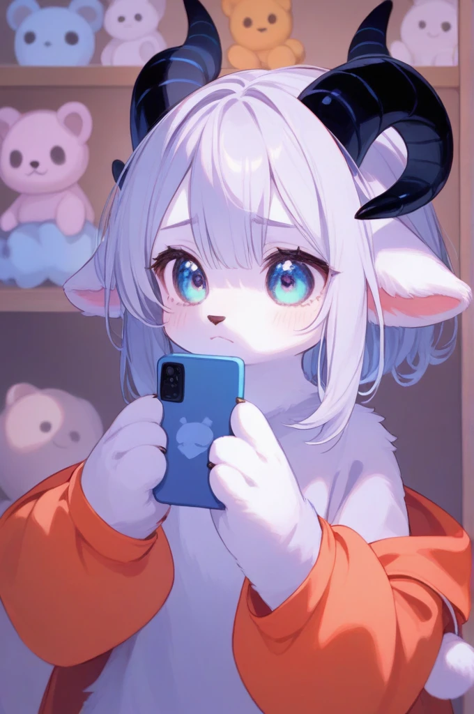 生き物,Create a cute, fluffy character with a pastel blue color scheme. The character should have a soft, round body and small, round eyes. It has a slightly sad expression and is holding a smartphone with a curious look. The character has small horns and fluffy fur, similar to a plush toy. The design should be simple with clean, bold lines and a soft, gentle color palette.