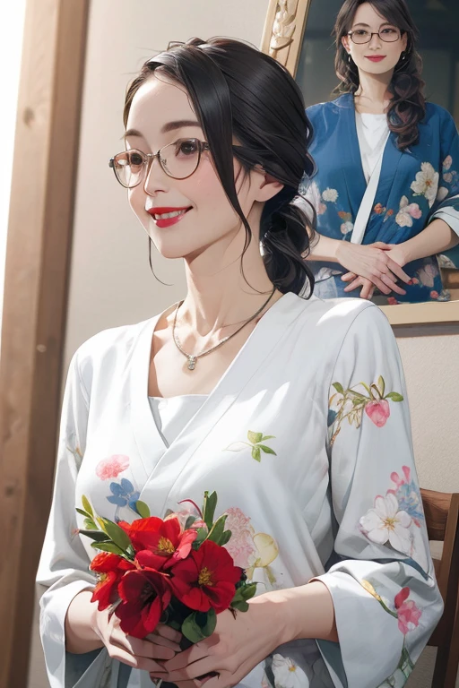 Beautiful mature 55 year old Japanese woman, Married women, Fine Lines, Fine wrinkles, Long eyelashes, Shining Eyes, Low Ponytail, wear glasses, Red lipstick, smile, elegant, Gorgeous figure, Pearl Necklace, Summer clothes, open chest shirt, Floral print slit skirt, Holding a bouquet, whole body, Filmed in a church, (Highest quality,4K,8k,High resolution,masterpiece:1.2),Very detailed,(Realistic,photoRealistic,photo-Realistic:1.37),High resolution,超High resolution,Studio Lighting,Ultra-fine painting,Sharp focus,Physically Based Rendering,Very detailed説明,Professional,Vibrant colors,Bokeh,Portraiture