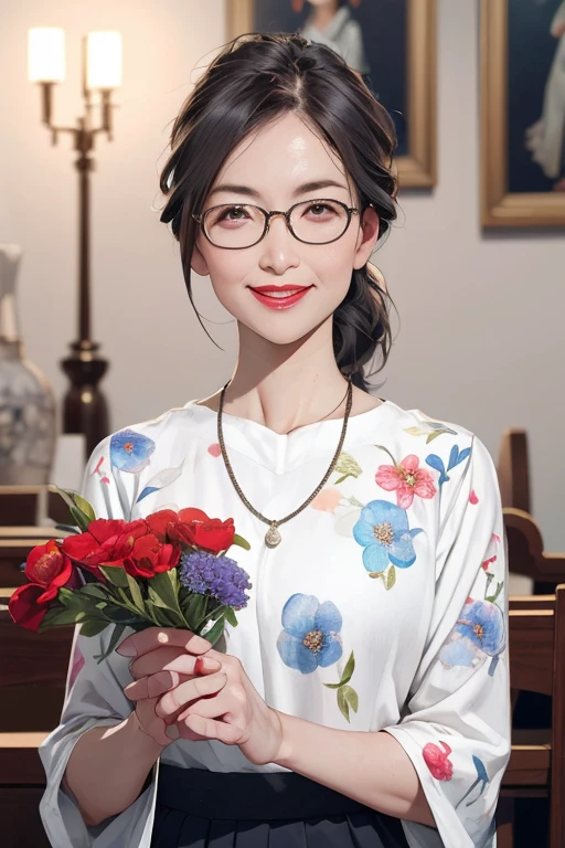 Beautiful mature 55 year old Japanese woman, Married women, Fine Lines, Fine wrinkles, Long eyelashes, Shining Eyes, Low Ponytail, wear glasses, Red lipstick, smile, elegant, Gorgeous figure, Pearl Necklace, Summer clothes, open chest shirt, Floral print slit skirt, Holding a bouquet, whole body, Filmed in a church, (Highest quality,4K,8k,High resolution,masterpiece:1.2),Very detailed,(Realistic,photoRealistic,photo-Realistic:1.37),High resolution,超High resolution,Studio Lighting,Ultra-fine painting,Sharp focus,Physically Based Rendering,Very detailed説明,Professional,Vibrant colors,Bokeh,Portraiture