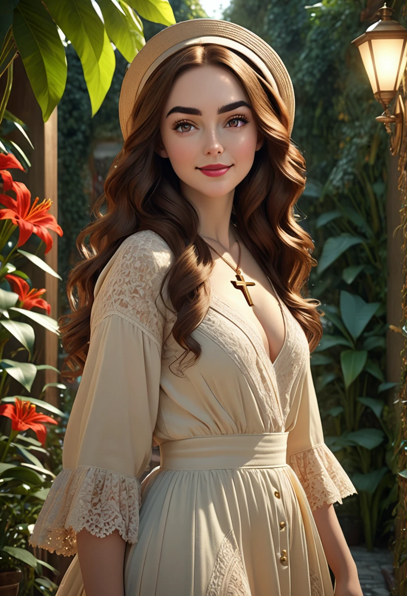 A beautful jewish women with a luscious thick bushy, course unibrow and cute nose. ultra Thick, coaurse, intense, curly, frizzy, long brown hair. Hair that clogs a drain after one shower. Hair you find on pillows and in corners of the room and in your refrigerator six months after the head from which it grew last visited. Hair that could not be straightened even if you had four hours and three hairdressers double-fisting blow driers. Hair that screams: Jew. Boho dress and hat, luxurious long dress、hat. curvy hourglass figure. Ultra HD, the symmetrical face, photorealistic photography, path tracing, specular lighting, and volumetric face light enhance the details. Epic lighting, striking silhouette. crucifix necklace. The symmetrical face, photorealistic photography, path tracing, specular lighting, and volumetric face light enhance the details. The scene is captured in maximum quality, masterpiece, 8K high resolution, and top quality. merge of Lilly Collins and Lilly James. sexy pose, intoxicating smile. crimson lips. in a garden, boho dress, bushy hair