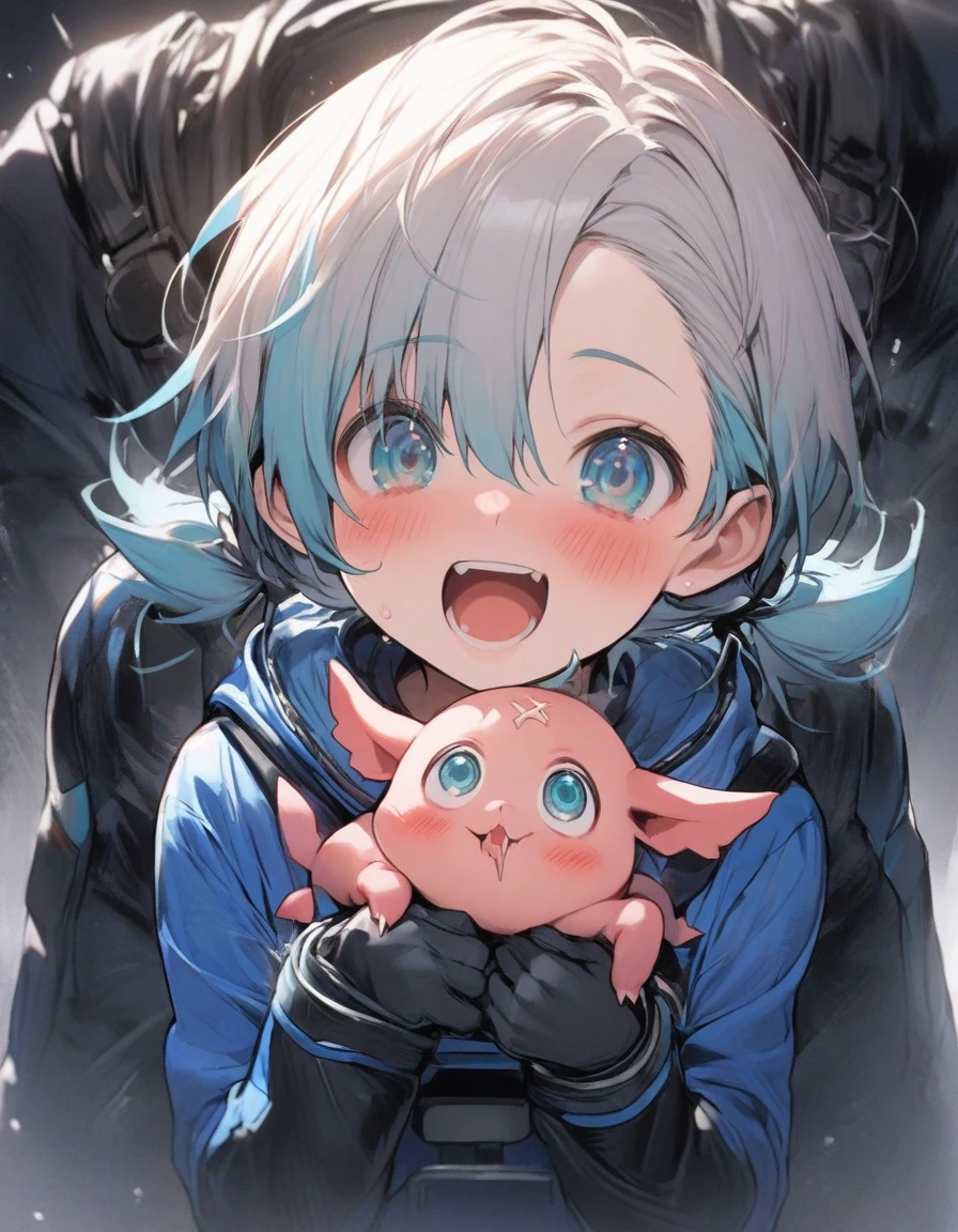 1 boy,,,10 years old,、Short hair, (spiked hair:1.1), asymmetrical bangs, low twintails,Aqua Blue Hair, Two-tone hair, A delicate and delicate face, blush, tusk,, ,aqua eyes, Black_bow ribbon, 、Hanging eyes,From Adobe,,(blue diver's suit:1.3),blush,