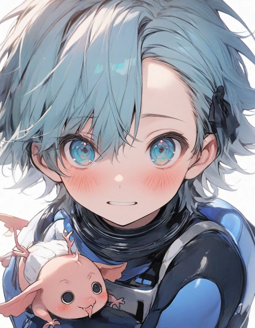 1 boy,,,10 years old,、Short hair, (spiked hair:1.1), asymmetrical bangs, low twintails,Aqua Blue Hair, Two-tone hair, A delicate and delicate face, blush, tusk,, ,aqua eyes, Black_bow ribbon, 、Hanging eyes,From Adobe,,(blue diver's suit:1.3),blush,
