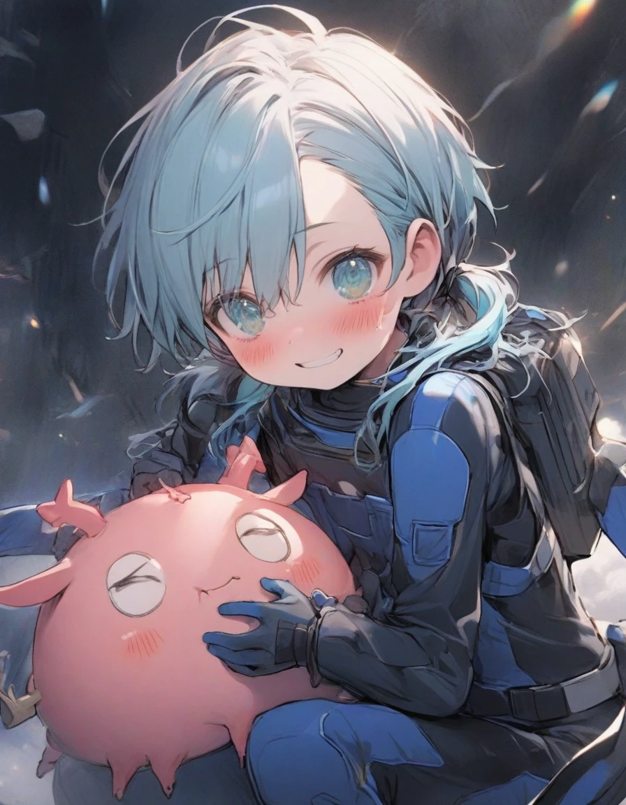 1 boy,,,10 years old,、Short hair, (spiked hair:1.1), asymmetrical bangs, low twintails,Aqua Blue Hair, Two-tone hair, A delicate and delicate face, blush, tusk,, ,aqua eyes, Black_bow ribbon, 、Hanging eyes,From Adobe,,(blue diver's suit:1.3),blush,