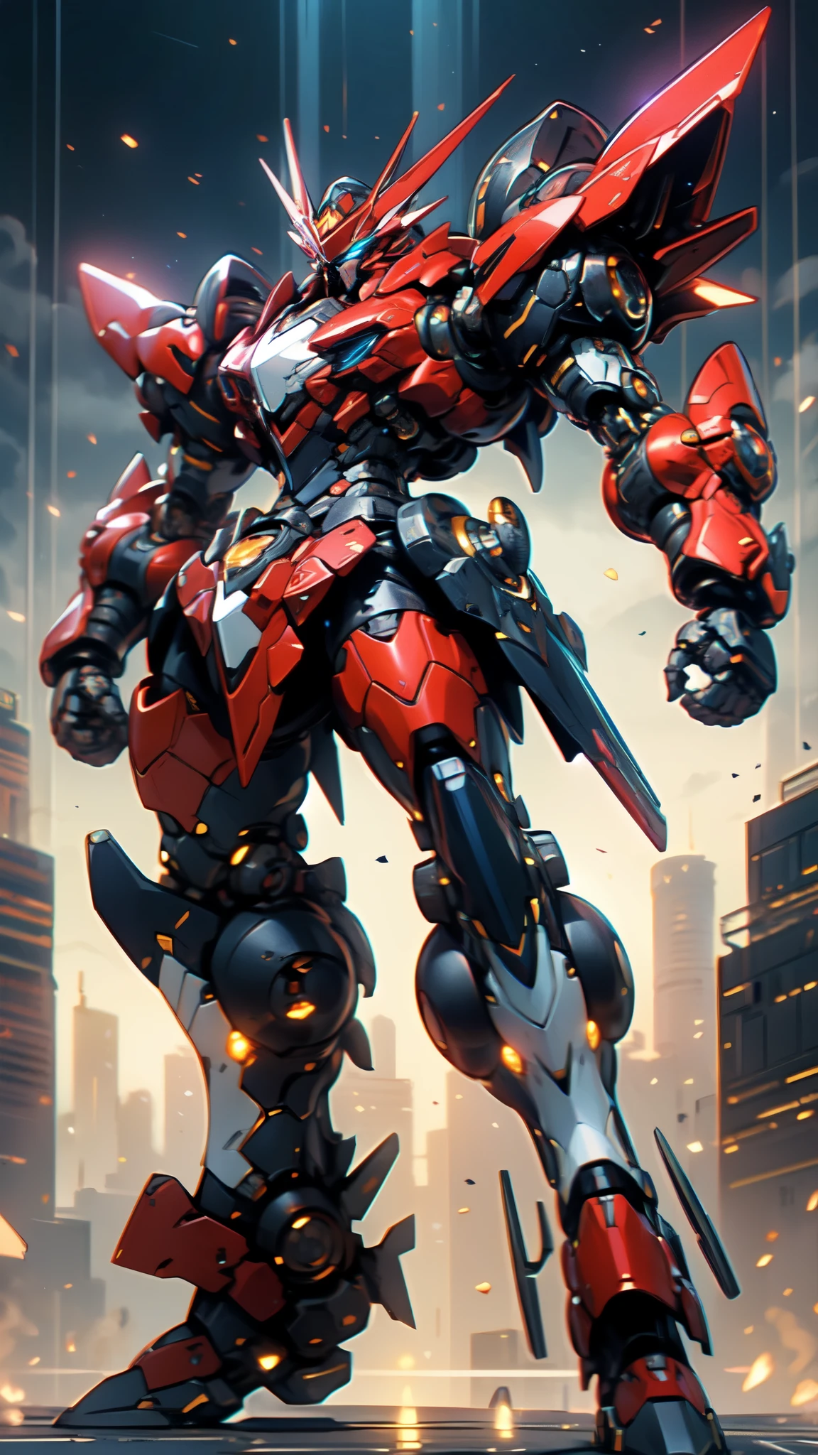 (masterpiece:1.5, best quality:1.5, extremely delicate:1.5), humanoid Mecha, fully enclosed shoulder guards, matching arm and leg guards, full body, full armor, the design balances heavy with agility, (the color scheme is primarily white with red and blue accents, the concept Inspired by Super robot, organic biotech armor, standing, floating high above the futuristic sci-fi city), exquisite and mature art style, (aura effect, energy, glowing eyes, the armor glows), ((RRS:1.2)), metallic, dramatic, high definition, highres, ultra-detailed, ultra-fine painting, professional, perfect body proportions, anatomically correct, symmetrical face, extremely detailed eyes and face, high quality eyes, creativity, RAW photo, UHD, 32k, Natural light, cinematic lighting, masterpiece-anatomy-perfect