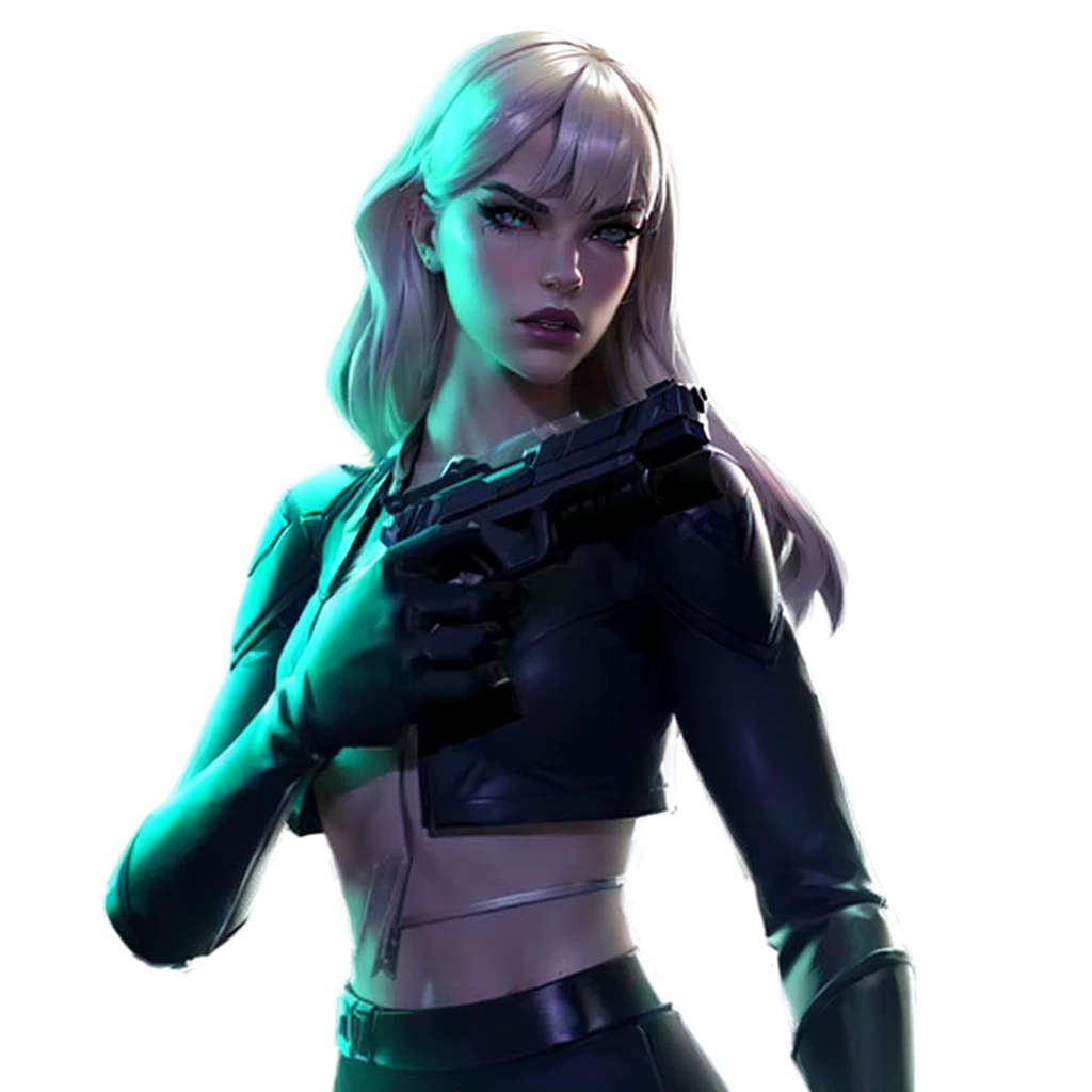 a woman in a black outfit holding a gun, fortnite character, fortnite skin, as a fortnite character, female lead character, valorant character, fortnite art style, gwen stacy, solo female character, platinum skin, obsidians skin, sil from species, in the skin of fortnite, female character, sage ( valorant ), valkyrie style character, kda