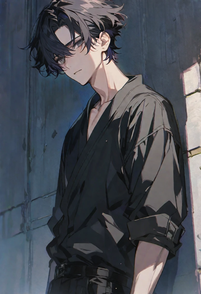 alone, good looking, 1 male, short hair, Pink and black hair, Grey Eyes