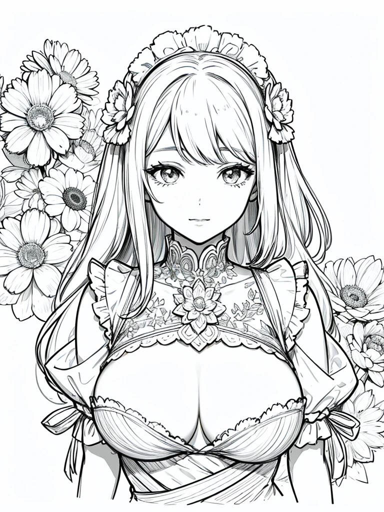 masterpiece, superlative, 1 girl , solo, bust closeup, big breast , flower line drawing background, white background, monochrome, line drawing, ((sketch))