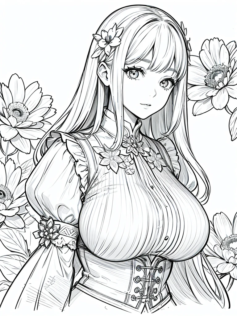 masterpiece, superlative, 1 girl , solo, bust closeup, big breast , flower line drawing background, white background, monochrome, line drawing, ((sketch))