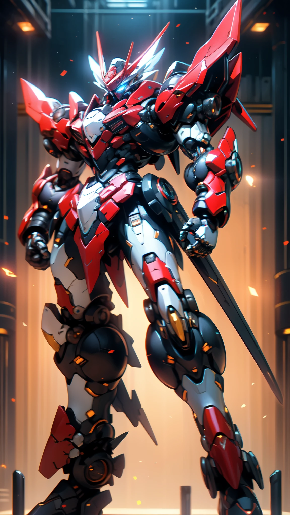 (masterpiece:1.5, best quality:1.5, extremely delicate:1.5), humanoid Mecha, fully enclosed shoulder guards, matching arm and leg guards, full body, full armor, the design balances heavy with agility, (the color scheme is primarily white with red and blue accents, the concept Inspired by Super robot, organic biotech armor, standing, floating high above the futuristic sci-fi city), exquisite and mature art style, (aura effect, energy, glowing eyes, the armor glows), ((RRS:1.2)), metallic, dramatic, high definition, highres, ultra-detailed, ultra-fine painting, professional, perfect body proportions, anatomically correct, symmetrical face, extremely detailed eyes and face, high quality eyes, creativity, RAW photo, UHD, 32k, Natural light, cinematic lighting, masterpiece-anatomy-perfect