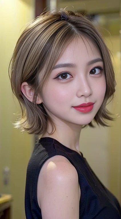 blush a little and smile, (Top quality masterpiece:1.2) Delicate illustrations, Very detailed, /Beautiful Japanese Women、1 person,Very cute and slim、Great style 、((8k images、super high quality))、Very delicate face, Big Breasts、Skin and Hair、beautifule forehead、Red lipstick、(((((short hair、Blonde、lure))))),Very cute Japanese cut face、Eyes and nose are clearly visible、Kind eyes,((((Black sleeveless fashion))))