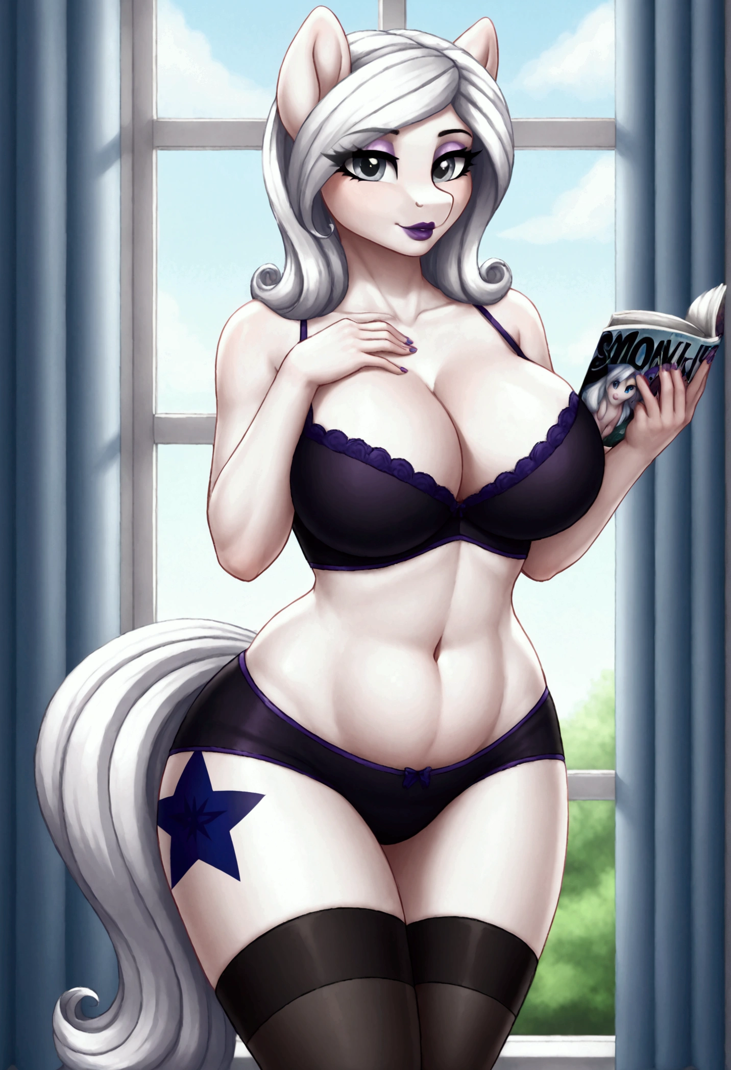 My little pony, (Pony), black striped white hair, (pale white body), gray eyes, big breasts, purple lips, big butt, belly, milf, perfect lines, cinematic, stocking, sexy pose for magazine 