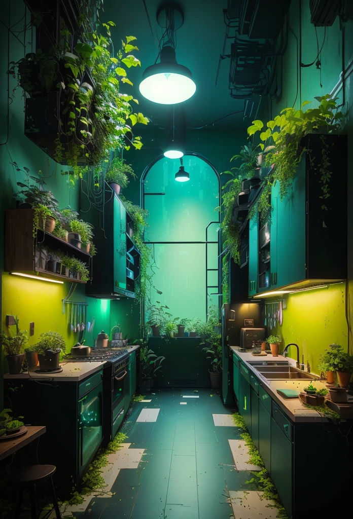 Kitchen with green walls and black floors, dark kitchen of an art student, Magical colors and atmosphere, Dense Foliage Cyberpunk, dark kitchen, 3D rendering of beeple, Old kitchen background oblique view, Perfect minimalist composition, Magical colors and atmosphere, Inspired by Mike Winkelmann, cyberpunk in foliage, Beautiful and sensual lighting, Magical realism style