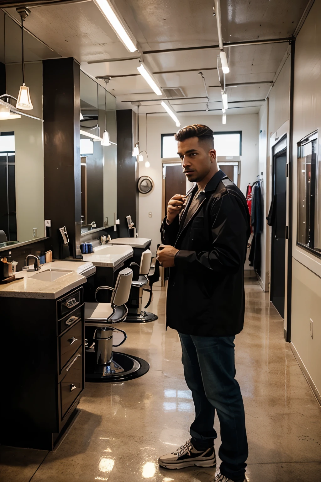 Recreate a barbershop with a clothing and soda store, Also show me the parking lot with 5 expensive cars and the rest ordinary cars. 
