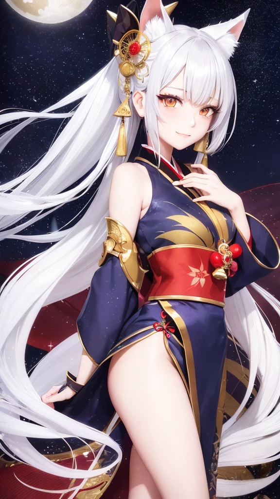 Kitsune girl,hime cut,silver eyes,gold darkblue and red tones japanese cloth, geisha dress theme sun&moon , traditional japanese , long white hair,silver fox ears, have kitsune tail, beautiful woman, silver eyes, elegant, young adult beautiful,night , starry night,sexy eyes,flirting,smile, erotic,nude, royal charm