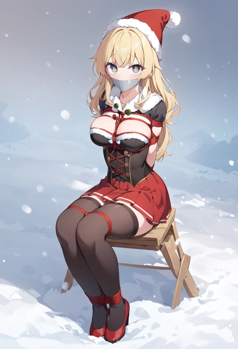 score_9, score_8_up, source_anime, 1girl, solo,The image shows a female character in a festive holiday-themed outfit. She is wearing a black corset-style top with red and green accents, a red skirt with a white trim, black thigh-high stockings with green and yellow bands, and red shoes. The character has long blonde hair and is wearing a green and red hat with a red pom-pom. The background appears to be a snowy, wintery scene with wrapped presents visible.(bound wirsts), (arms behind back), (tapegag, tape gag), dramatic, (looking at viewer), (detailed pupils:1.3), ,red rope, thick rope,normal breast,full body