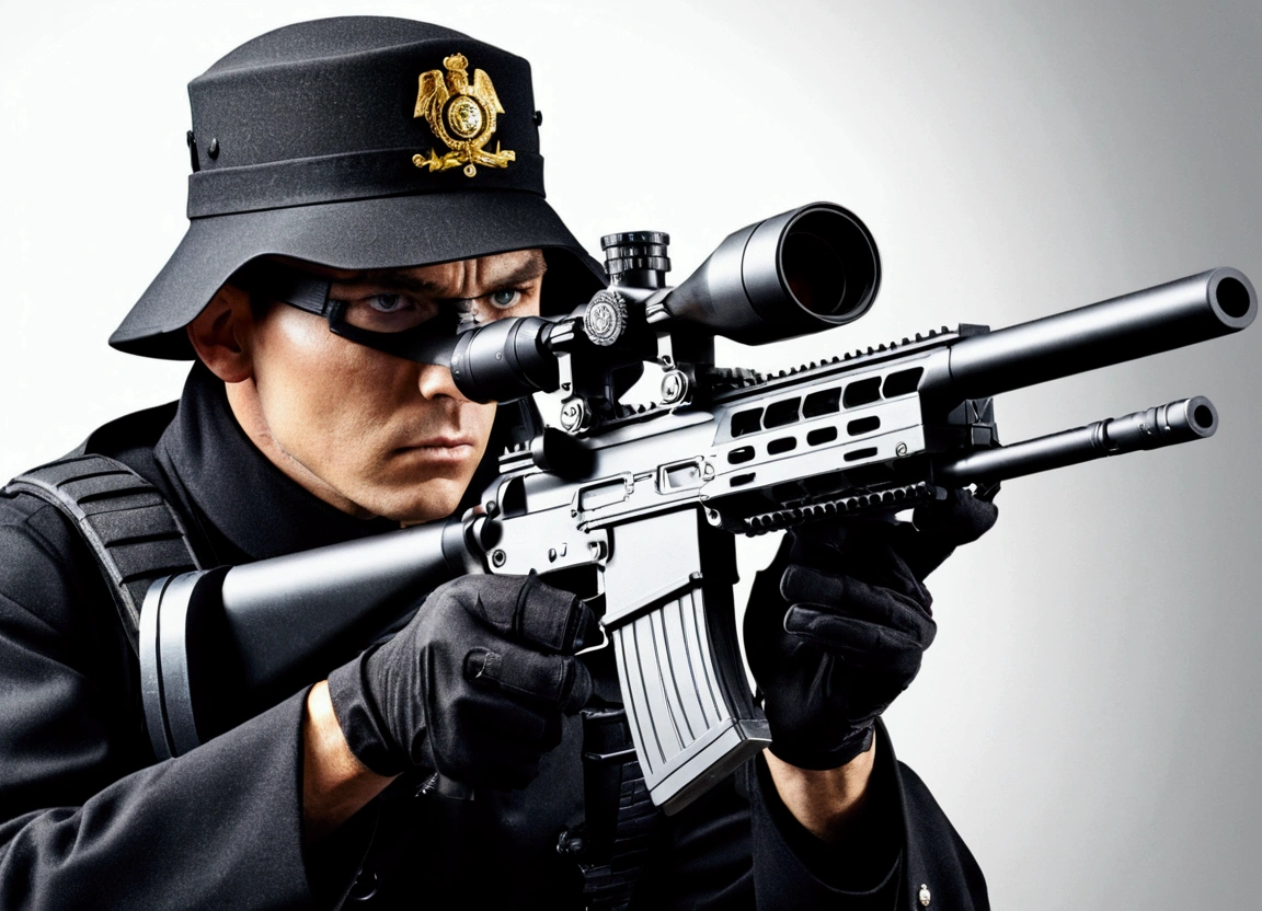 sniper gun, Wear a black uniform