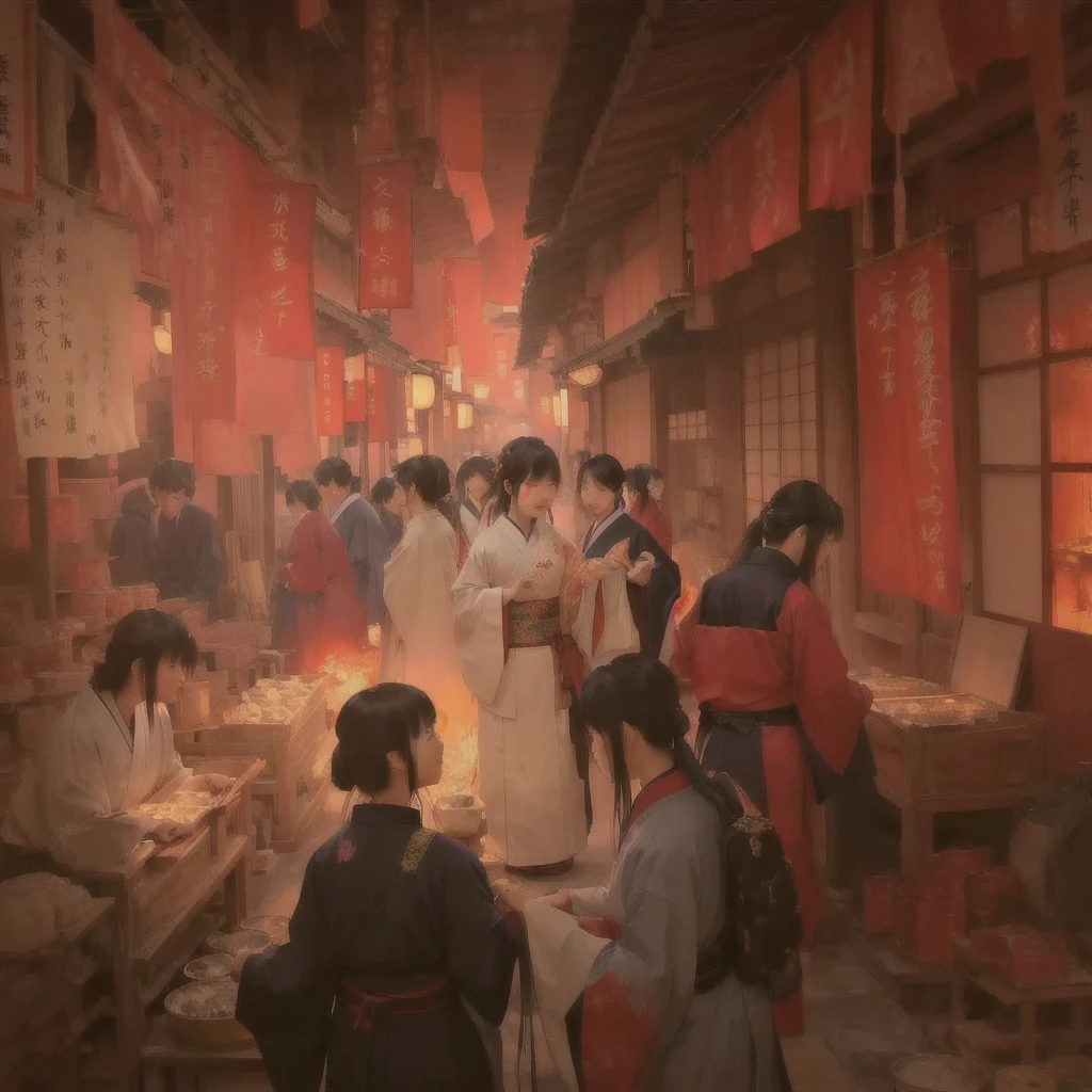 Person in a room with fire々Group painting, Old Japanese street market, by Shimo, Written by Nie Yuanlu, Dreamy city in China, by Kamisaka Sekka, Traditional Japanese concept art, Beautiful artwork illustration, by Zou Igui, Jan J, Rob Ray and Kentaro Miura Style, Blazing flames in Tokyo's izakaya scene, fire, crowd, throng, freezing, mother warming her baby.Scenery and Cityscape in the Early Meiji Era After the Meiji Restoration, Japan underwent rapid modernization and civilization. Consequently, many changes and reforms occurred. Below is a detailed explanation of the scenery, appearance of the poor, occupations, and cityscapes in the early Meiji period (1868 to the early 1880s). 2. Appearance of the Poor Life for the impoverished and lower classes remained harsh. In particular, in urban areas, people migrated from rural areas or unemployed artisans gathered, intensifying competition in the labor market. Many of them struggled with poverty, often residing in slums or around temples. 3. Occupations Meiji early Japan witnessed a diversification of occupations. Traditional agriculture and handicrafts were accompanied by the rise of modern industry and commerce. Particularly in urban areas, factory workers, shop clerks, and transporters increased, giving rise to new professions. However, many in these occupations endured harsh working conditions. 4. Influence of Civilization and Enlightenment During the Meiji era, Western cultural influences spread rapidly. Changes in clothing, dietary habits, and the proliferation of Western-style architecture advanced, especially in urban areas. Conversely, this development posed a threat to traditional culture and lifestyles, resulting in societal upheaval and adaptation challenges. 5. Social Change and Policy Influence While promoting modernization policies, the government also addressed poverty and social issues. Legislation for labor protection and charitable activities to aid the poor were implemented. Nevertheless, living conditions for the impoverished scarcely improved. The early Meiji period marked a rapid transformation in Japan, with complex social