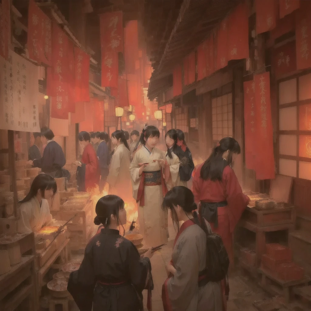 Person in a room with fire々Group painting, Old Japanese street market, by Shimo, Written by Nie Yuanlu, Dreamy city in China, by Kamisaka Sekka, Traditional Japanese concept art, Beautiful artwork illustration, by Zou Igui, Jan J, Rob Ray and Kentaro Miura Style, Blazing flames in Tokyo's izakaya scene, fire, crowd, throng, freezing, mother warming her baby.Scenery and Cityscape in the Early Meiji Era After the Meiji Restoration, Japan underwent rapid modernization and civilization. Consequently, many changes and reforms occurred. Below is a detailed explanation of the scenery, appearance of the poor, occupations, and cityscapes in the early Meiji period (1868 to the early 1880s). 2. Appearance of the Poor Life for the impoverished and lower classes remained harsh. In particular, in urban areas, people migrated from rural areas or unemployed artisans gathered, intensifying competition in the labor market. Many of them struggled with poverty, often residing in slums or around temples. 3. Occupations Meiji early Japan witnessed a diversification of occupations. Traditional agriculture and handicrafts were accompanied by the rise of modern industry and commerce. Particularly in urban areas, factory workers, shop clerks, and transporters increased, giving rise to new professions. However, many in these occupations endured harsh working conditions. 4. Influence of Civilization and Enlightenment During the Meiji era, Western cultural influences spread rapidly. Changes in clothing, dietary habits, and the proliferation of Western-style architecture advanced, especially in urban areas. Conversely, this development posed a threat to traditional culture and lifestyles, resulting in societal upheaval and adaptation challenges. 5. Social Change and Policy Influence While promoting modernization policies, the government also addressed poverty and social issues. Legislation for labor protection and charitable activities to aid the poor were implemented. Nevertheless, living conditions for the impoverished scarcely improved. The early Meiji period marked a rapid transformation in Japan, with complex social