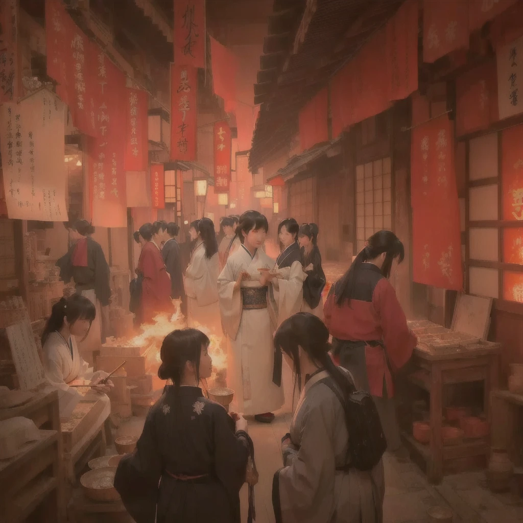 Person in a room with fire々Group painting, Old Japanese street market, by Shimo, Written by Nie Yuanlu, Dreamy city in China, by Kamisaka Sekka, Traditional Japanese concept art, Beautiful artwork illustration, by Zou Igui, Jan J, Rob Ray and Kentaro Miura Style, Blazing flames in Tokyo's izakaya scene, fire, crowd, throng, freezing, mother warming her baby.Scenery and Cityscape in the Early Meiji Era After the Meiji Restoration, Japan underwent rapid modernization and civilization. Consequently, many changes and reforms occurred. Below is a detailed explanation of the scenery, appearance of the poor, occupations, and cityscapes in the early Meiji period (1868 to the early 1880s). 2. Appearance of the Poor Life for the impoverished and lower classes remained harsh. In particular, in urban areas, people migrated from rural areas or unemployed artisans gathered, intensifying competition in the labor market. Many of them struggled with poverty, often residing in slums or around temples. 3. Occupations Meiji early Japan witnessed a diversification of occupations. Traditional agriculture and handicrafts were accompanied by the rise of modern industry and commerce. Particularly in urban areas, factory workers, shop clerks, and transporters increased, giving rise to new professions. However, many in these occupations endured harsh working conditions. 4. Influence of Civilization and Enlightenment During the Meiji era, Western cultural influences spread rapidly. Changes in clothing, dietary habits, and the proliferation of Western-style architecture advanced, especially in urban areas. Conversely, this development posed a threat to traditional culture and lifestyles, resulting in societal upheaval and adaptation challenges. 5. Social Change and Policy Influence While promoting modernization policies, the government also addressed poverty and social issues. Legislation for labor protection and charitable activities to aid the poor were implemented. Nevertheless, living conditions for the impoverished scarcely improved. The early Meiji period marked a rapid transformation in Japan, with complex social