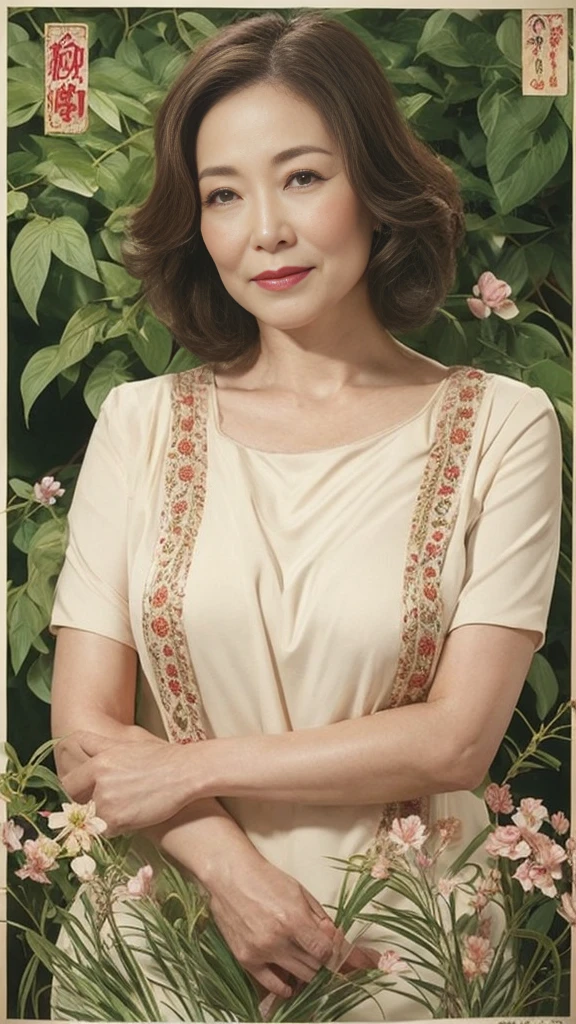Mucha poster, Mature Woman, Our eyes met, Japanese painting gravure, senior citizen, Draw lips correctly, Red lipstick, No discomfort, 120 years old, 16K, Highest quality, Very detailed, Realistic, Very detailed肌, (Japanese), alone, Large Breasts, Neighborhood Wife, Glamour, sexy, Chromo White Skin, Staring straight ahead,