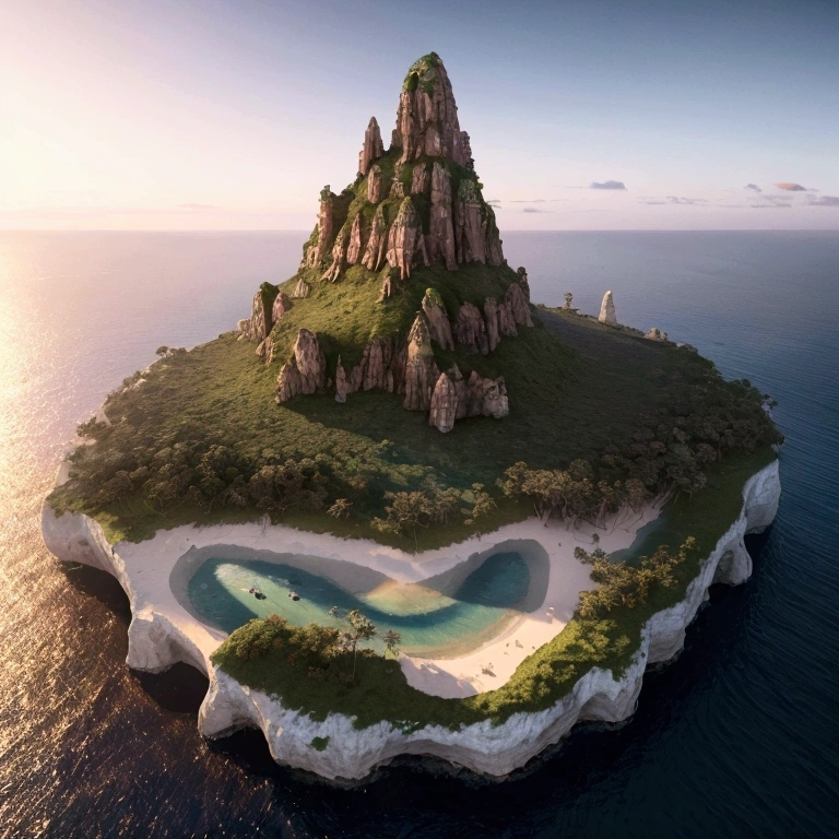 a legendary flying island, Mysterious golden island that exudes a beautiful warmth, from below, cinematic angle, realistic, hyper-realistic, photorealistic, (best quality,4k,8k,highres,masterpiece:1.2),ultra-detailed,(realistic,photorealistic,photo-realistic:1.37),vivid colors,dramatic lighting,
