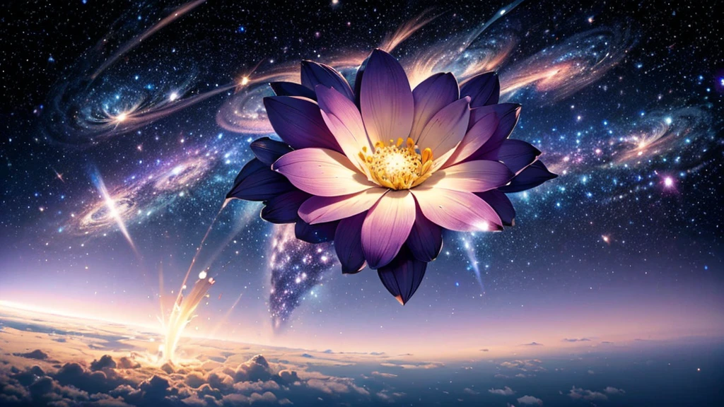 Visualize a massive flower blooming in space, with petals made of stars and cosmic dust.