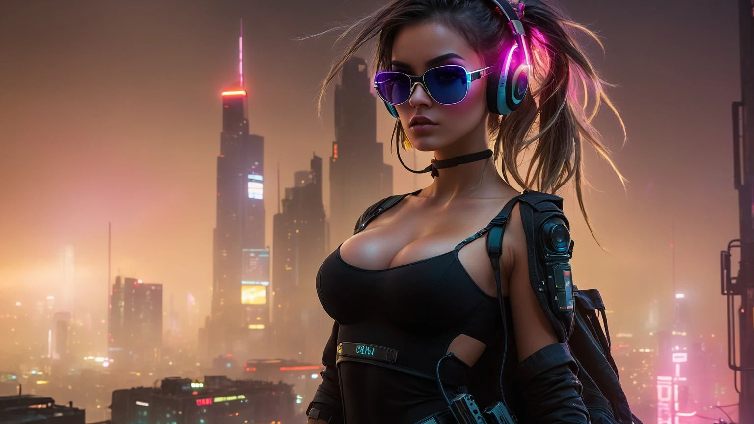 dark futuristic landscape, at night, neon lights, Atmospheric fog, large buildings in the background, futuristic city, streets with open shops, skyscraper (postapocalyptic city:1.3). (((1girl, solo, alone))), large-breast:1.2 slim body, cleavage:1.1, sexy miniskirt, (((headphone, black sunglasses, standing and holding pistol pose))), (((half-body thigh level medium shot))), cinematic lighting, lens flare, ray tracing.