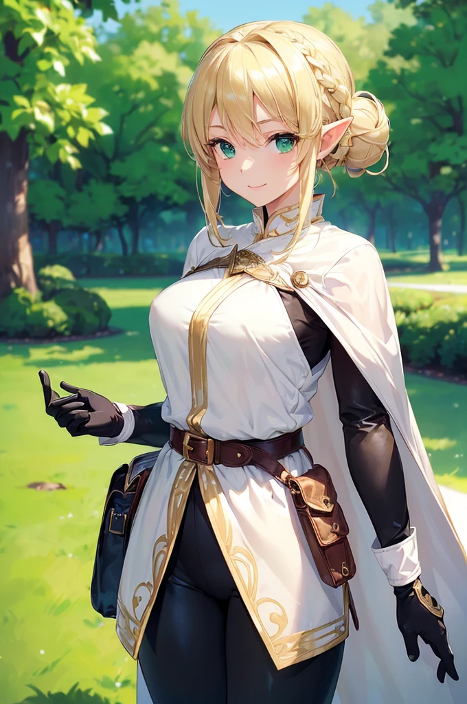 (((masterpiece; best quality: 1.2))), (finely detailed eyes: 1.3), (25 year old elf woman), (solo), (green eyes: 1.4), (body; buxom, fit, femenine: 1.3), (silky blonde hair in low bun: 1.3), (beautiful and clear background: 1.2), ((depth of field)), (equipment: adventurer attire + modest + long white tunic + black cape + black pants + gloves + belt + pouches: 1.3), (anime illustration: 1.2), (background composition; royal garden: 1.1), (extremely fine and beautiful: 1.1), (shot composition; standing + centered on torso + close-up: 1.5), (expression; calm, smile: 1.2)