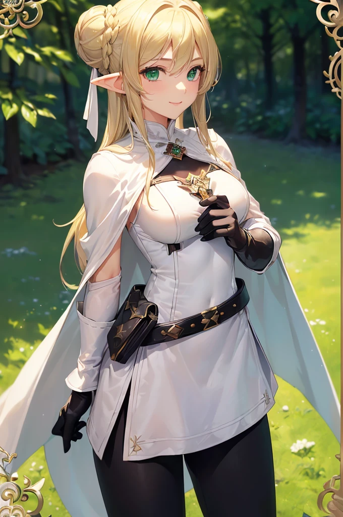(((masterpiece; best quality: 1.2))), (finely detailed eyes: 1.3), (25 year old elf woman), (solo), (green eyes: 1.4), (body; buxom, fit, femenine: 1.3), (silky blonde hair in low bun: 1.3), (beautiful and clear background: 1.2), ((depth of field)), (equipment: adventurer attire + modest + long white tunic + black cape + black pants + gloves + belt + pouches: 1.3), (anime illustration: 1.2), (background composition; royal garden: 1.1), (extremely fine and beautiful: 1.1), (shot composition; standing + centered on torso + close-up: 1.5), (expression; calm, smile: 1.2)