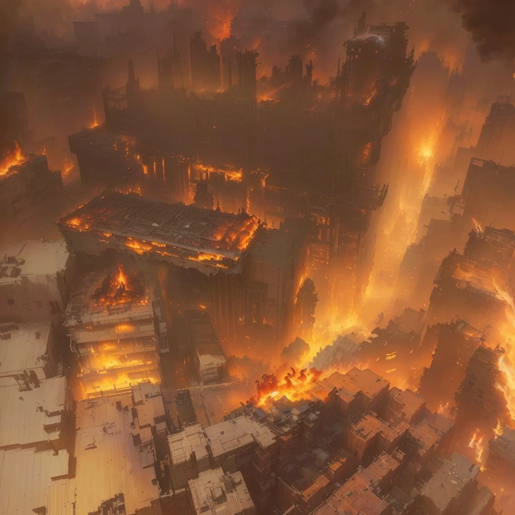 There is a picture of a fire burning in the city., an ancient city on fire, painterly Concept Art, disco elysium Concept Art, art style of by Marc Simonetti, aerial viewyoji shinkawa, craig mullins dappled lighting, by Marc Simonetti. Complex, Concept Art , Highly rendered, Concept Art stunning atmosphere