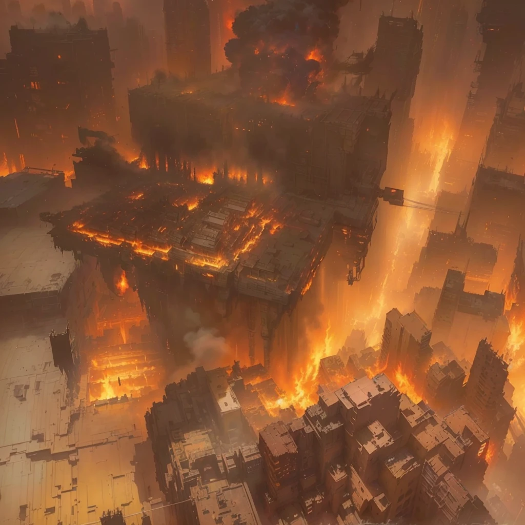 There is a picture of a fire burning in the city., an ancient city on fire, painterly Concept Art, disco elysium Concept Art, art style of by Marc Simonetti, aerial viewyoji shinkawa, craig mullins dappled lighting, by Marc Simonetti. Complex, Concept Art , Highly rendered, Concept Art stunning atmosphere