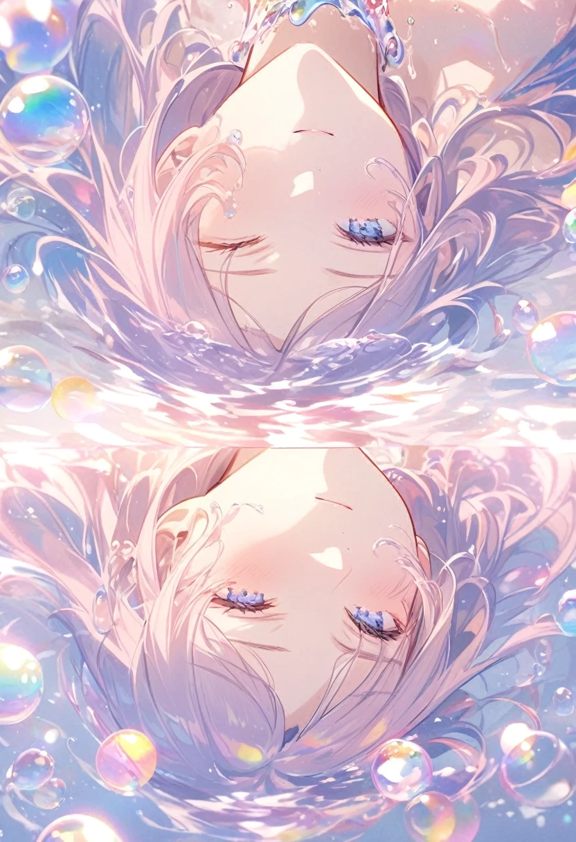 A person lying in water,With fluid abstract,Reflection and mirroring styles,Clear light pink,Clear water,White soap bubbles,Bokeh shots,Close-up from the neck up,Head close-up